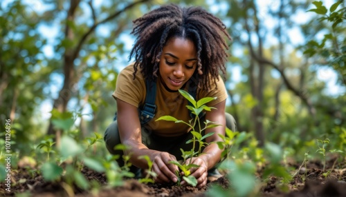 Black Woman Planting Seedlings in Forest Garden with Natural Dreadlocks