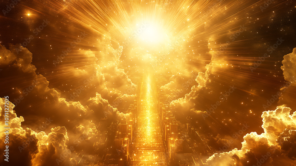 Fototapeta premium majestic new jerusalem descending from heavens pearly gates streets of gold divine light