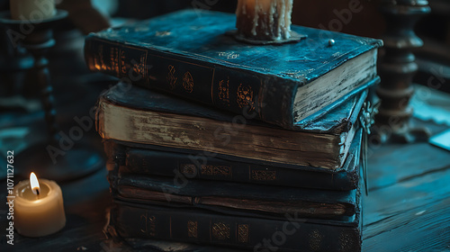 Stack of old books and grimoires with candle on wooden table photo