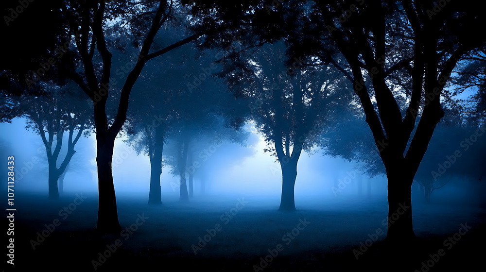 night time forest with trees in the fog, dark blue color scheme, scary, horror, scary trees night time forest with trees in the fog, dark blue color scheme, scary, horror, scary trees