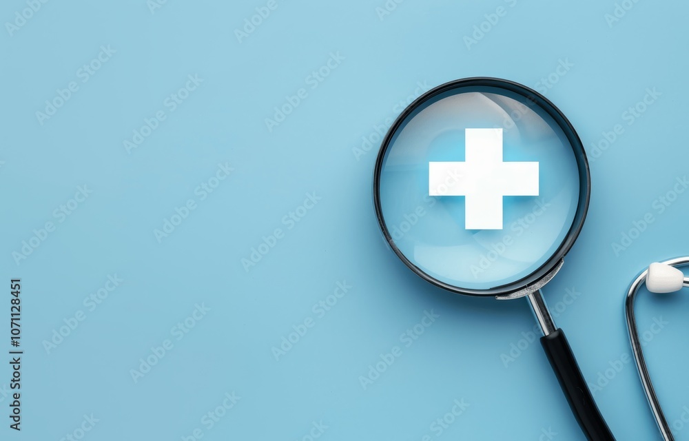 Healthcare concept with magnifying glass on plus sign over pastel blue background Healthcare concept with magnifying glass on plus sign over pastel blue background