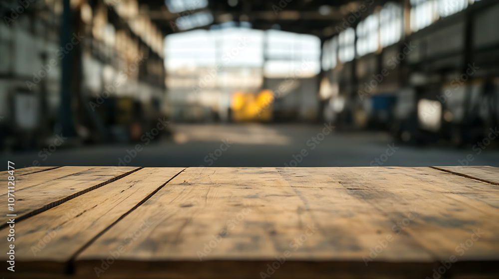 empty wooden table providing enough copy space for image against blurred industrial warehouse background empty wooden table providing enough copy space for image against blurred industrial warehouse background