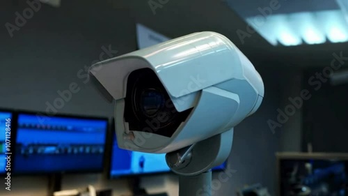 Close-Up View of Surveillance Camera in High-Tech Control Room photo