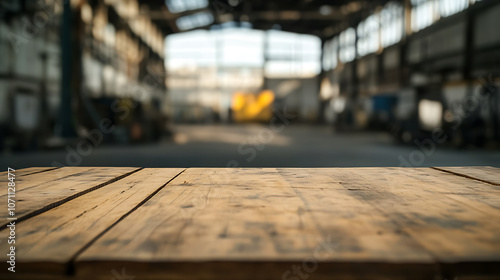 empty wooden table providing enough copy space for image against blurred industrial warehouse background