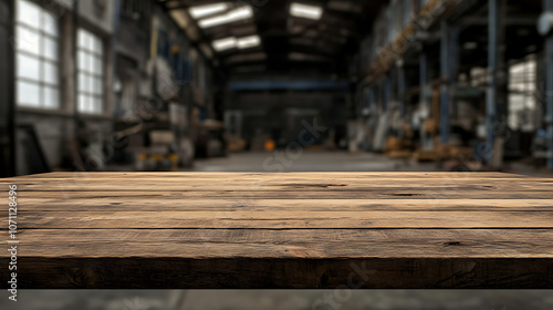 Wallpaper Mural empty wooden table providing enough copy space for image against blurred industrial warehouse background Torontodigital.ca