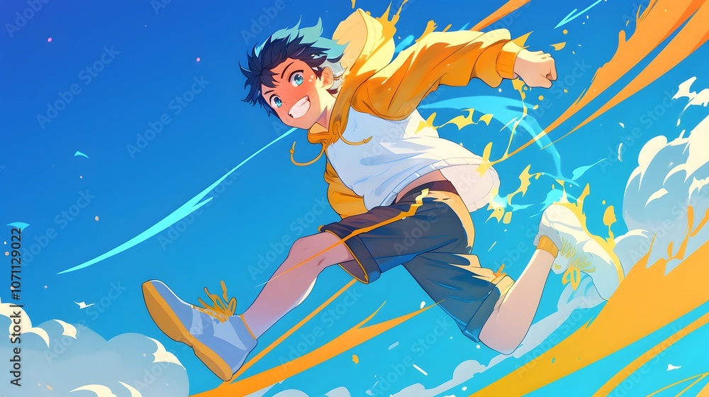 Anime style young boy avatar with vibrant background, character running and jumping energetically Anime style young boy avatar with vibrant background, character running and jumping energetically