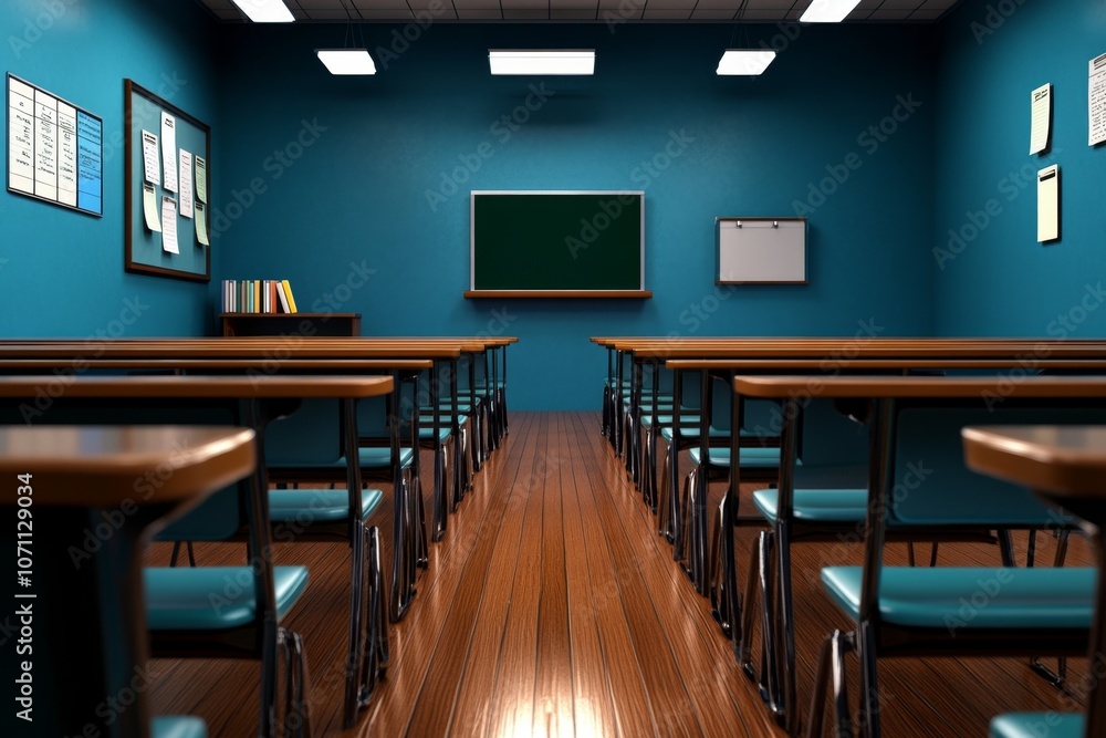 A 3D-rendered classroom with desks, books, and digital screens, capturing a modern educational setting A 3D-rendered classroom with desks, books, and digital screens, capturing a modern educational setting