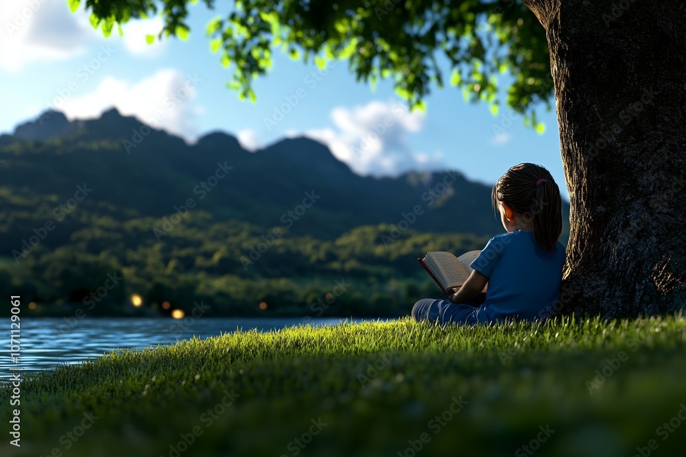 A 3D-rendered model of a girl reading a book under a tree, with detailed textures and gentle lighting A 3D-rendered model of a girl reading a book under a tree, with detailed textures and gentle lighting