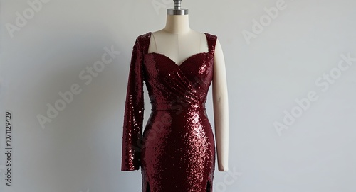 Burgundy sequin midi dress with sweetheart neckline and side slit display on plain white background