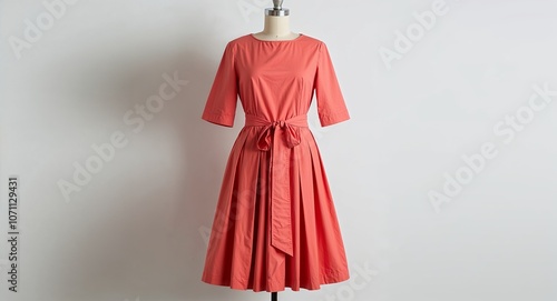 Wallpaper Mural Coral cotton fit and flare dress with waist tie and pleats display on plain white background Torontodigital.ca