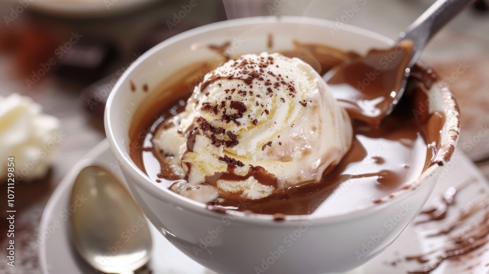 A hot chocolate affogato with a scoop of vanilla ice cream poured over a hot chocolate for a creamy and delicious twist on the classic treat. A hot chocolate affogato with a scoop of vanilla ice cream poured over a hot chocolate for a creamy and delicious twist on the classic treat.