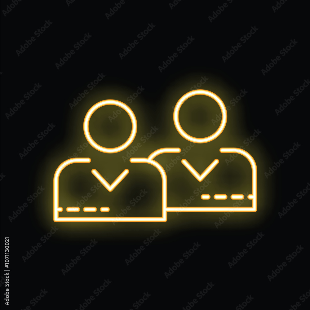 Yellow neon icon representing two businessmen standing side by side, suitable for business and teamwork concepts Yellow neon icon representing two businessmen standing side by side, suitable for business and teamwork concepts