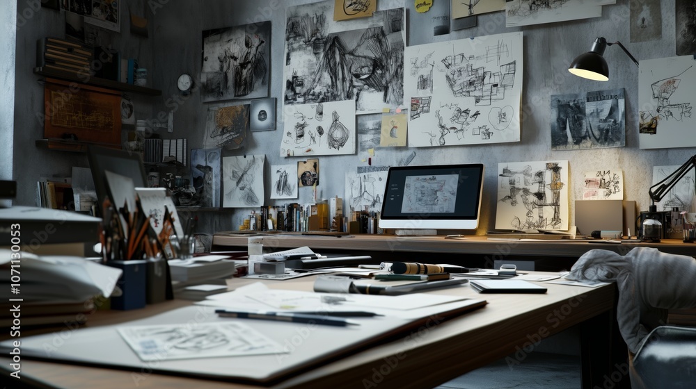 Sketchbooks pens tablet arranged artist workspace inspiring setup. AI generated Sketchbooks pens tablet arranged artist workspace inspiring setup. AI generated
