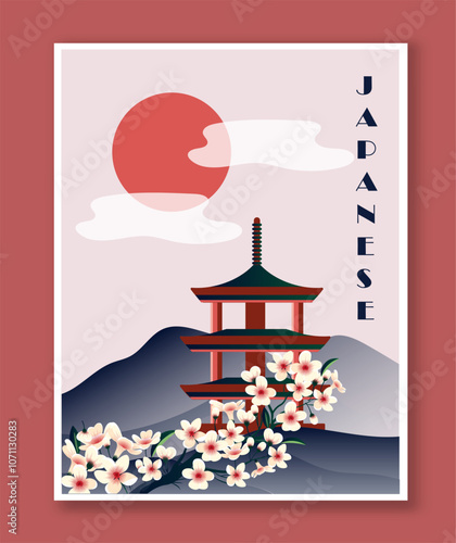 Minimalist japanese poster. Red asian architecture element near sakura and mountains. Blooom and blossom tree. Minimalist creativity and art. Booklet and brochure. Flat vector illustration