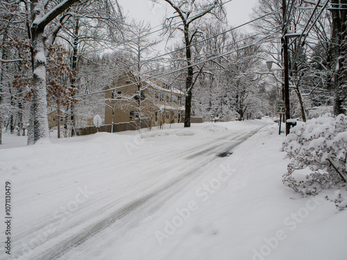 county road covered with snow during the snow storm	
 photo