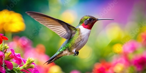 Ruby-Throated Hummingbird in Tilt-Shift Focus - Captivating Moment at Nectar Feeder with Blurred Background for Nature and Birdwatching Enthusiasts