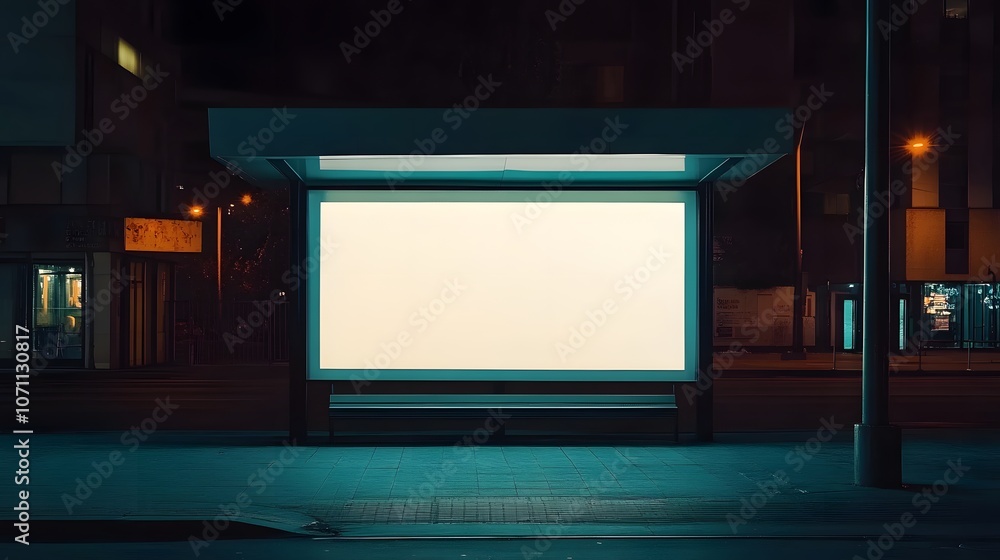Blank white billboard at a city bus stop at night