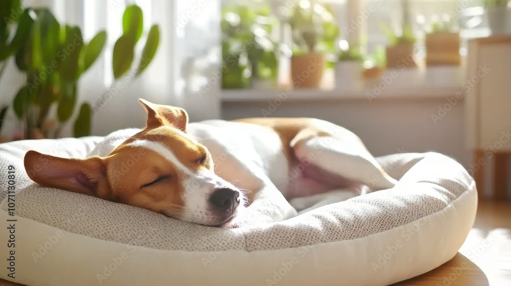 Peaceful Dog Sleeping Comfortably in Soft Bed Peaceful Dog Sleeping Comfortably in Soft Bed