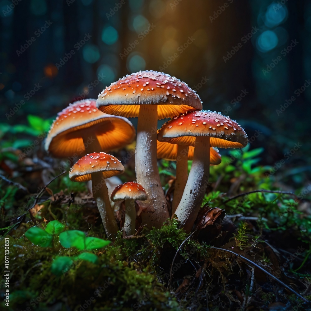 Fototapeta premium fairy forest in the middle of the night, there are very beautiful mushrooms, macro shot, colorful details, natural light, amazing composition.