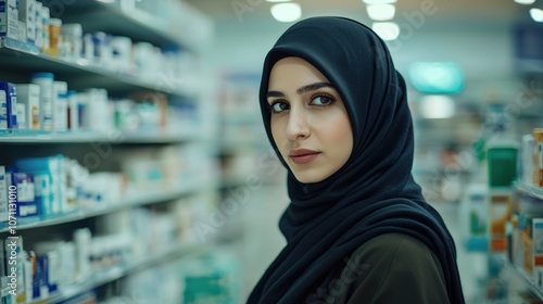 Focused Woman in Hijab Working as Pharmacist