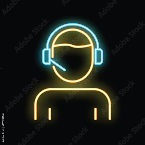 Neon sign icon of a customer service representative wearing a headset with a microphone