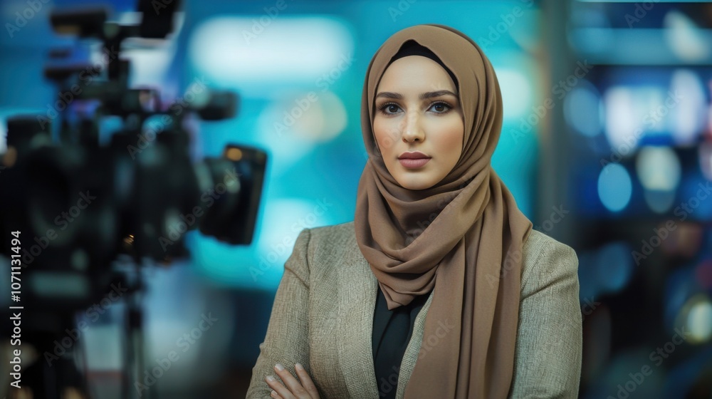 Journalist in Hijab Conducting Interview in Studio Setting