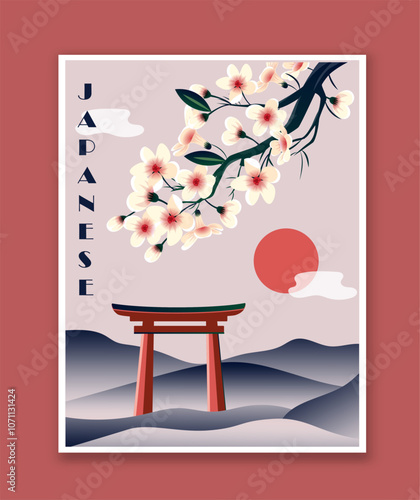 Minimalist japanese poster. Red asian architecture element near sakura. Minimalist creativity and art. Bloom and blossom cherry tree. Flat vector illustration