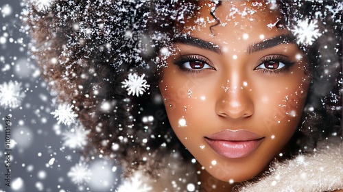 Woman with Snowflakes in Beautiful Winter Scene