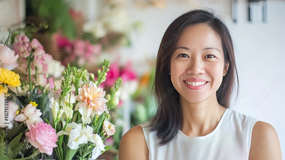 Smiling Woman Among Beautiful Flowers in Bright Shop Smiling Woman Among Beautiful Flowers in Bright Shop