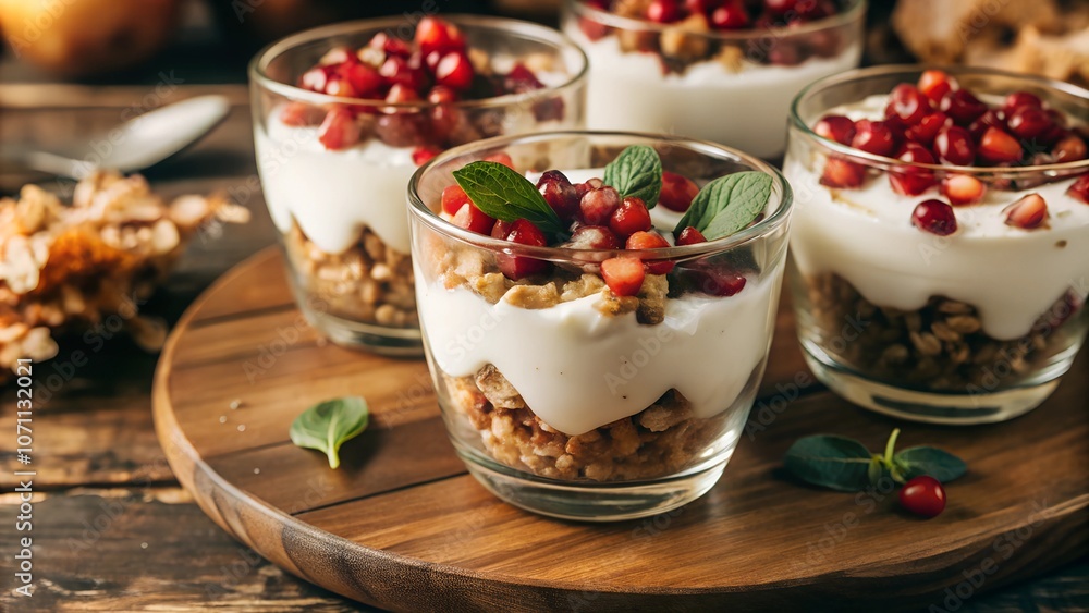 A colorful and healthy dessert featuring yogurt, granola, and pomegranate A colorful and healthy dessert featuring yogurt, granola, and pomegranate