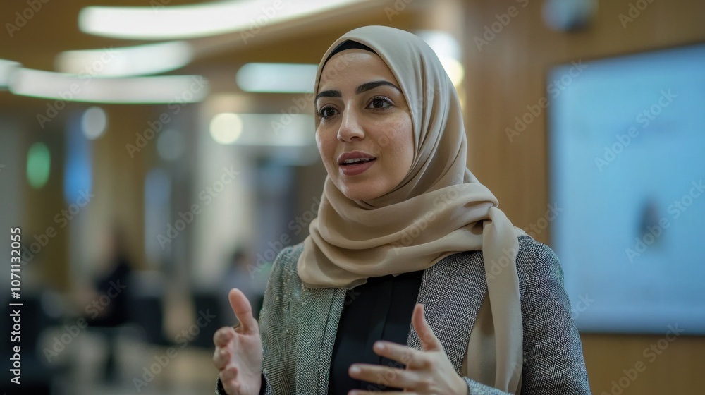 Woman in Hijab Presenting at Business Meeting Woman in Hijab Presenting at Business Meeting