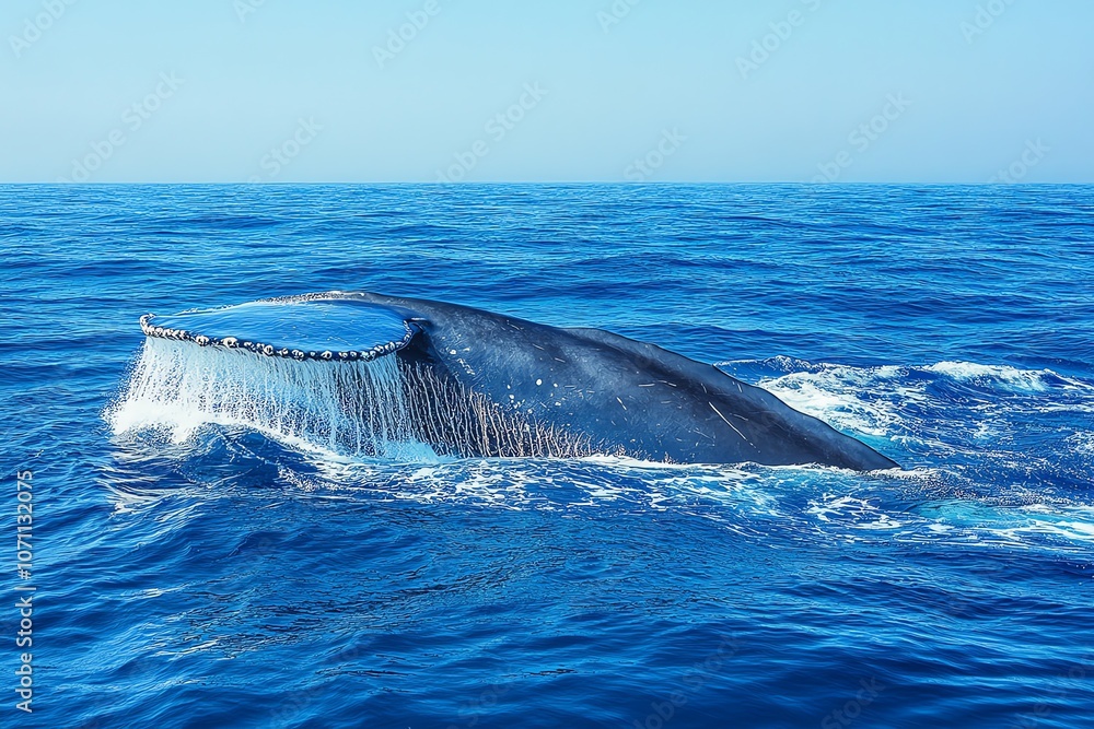Fototapeta premium A humpback whale breaches the surface of the ocean, its tail fin visible above the water, creating a splash and spray.