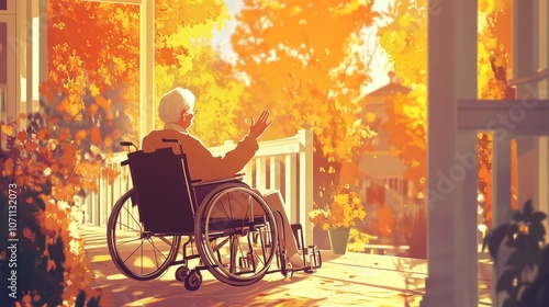 Senior in Wheelchair Waving on a Sunlit Porch