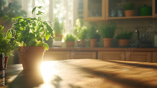 Inviting Kitchen Table: Design a beautifully lit wooden kitchen table scene with a blurred background of plants and cabinets, conveying warmth and hospitality.Generated with AI  photo