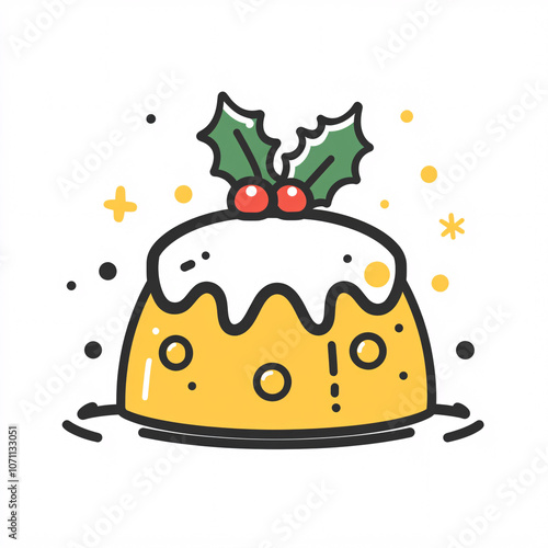 A festive Christmas pudding topped with holly and berries, presented in a fun, cartoonish style with bright colors and playful elements.