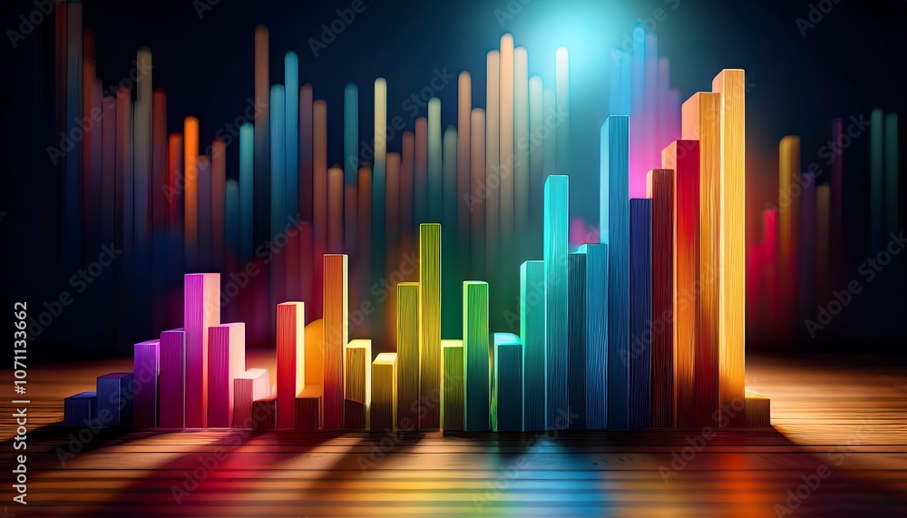 Business performance is visualized on a wooden surface using colorful bar charts Business performance is visualized on a wooden surface using colorful bar charts