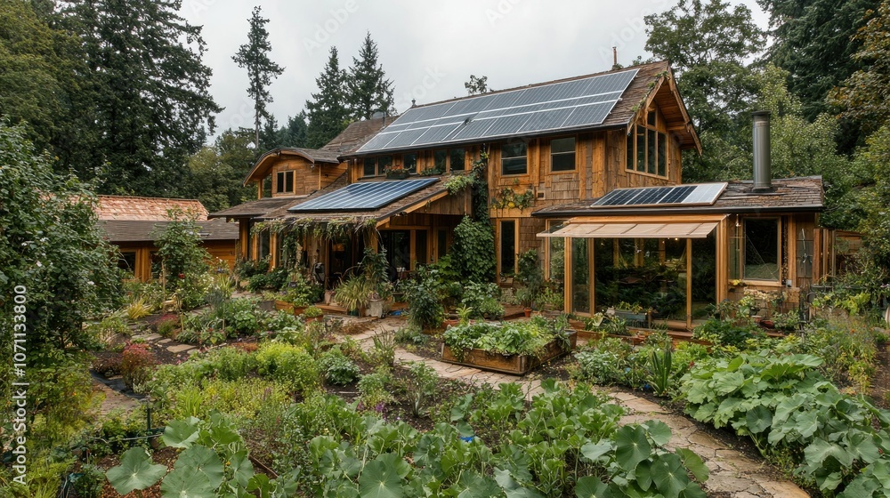 Eco-Friendly House with Solar Panels in a Garden Eco-Friendly House with Solar Panels in a Garden