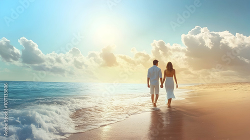 Luxury Honeymoon: A romantic couple enjoying a luxurious beach getaway, showcasing love and adventure on their honeymoon.Generated with AI 