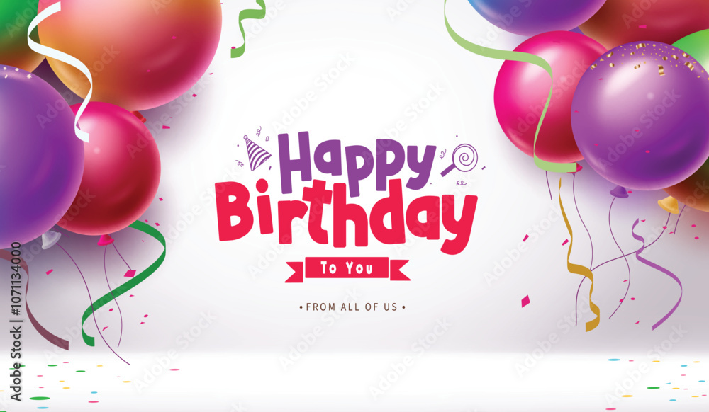 Happy birthday greeting text vector template design. Birthday greeting text with floating colorful balloons and confetti elements party decoration background clip art. Vector illustration kids
