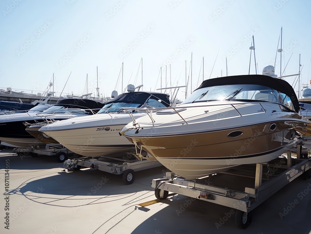Fototapeta premium Three boats on trailers in a marina on a sunny day.