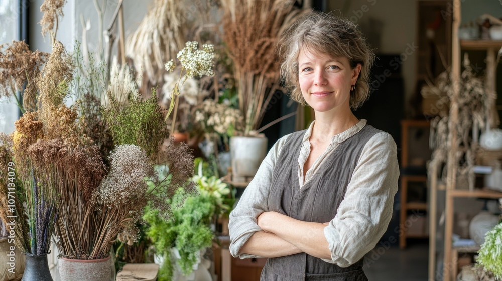 Smiling Woman in Floral Studio with Dried Plants Smiling Woman in Floral Studio with Dried Plants