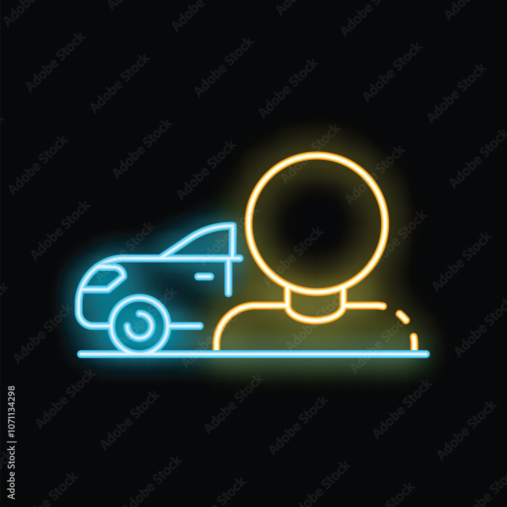 Neon icon of a person standing next to a car, representing concepts like car ownership, car sharing, and transportation Neon icon of a person standing next to a car, representing concepts like car ownership, car sharing, and transportation