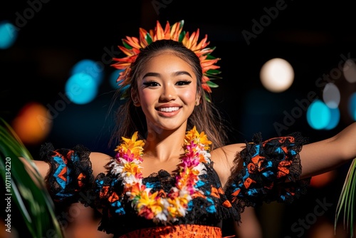 Detailed shot of a dancer in traditional Hawaiian hula attire, gracefully moving with leis and palm fronds photo