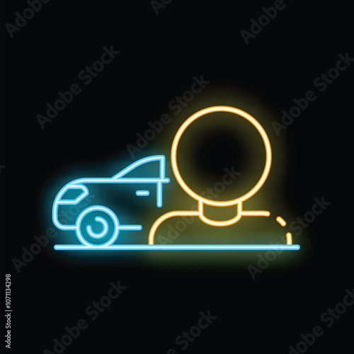 Neon icon of a person standing next to a car, representing concepts like car ownership, car sharing, and transportation