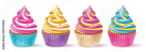 Cup cake birthday vector set design. Cupcake clip art 3d realistic collection with colorful twirl icing and sprinkles for party event yummy dessert. Vector illustration muffin colorful set. 
