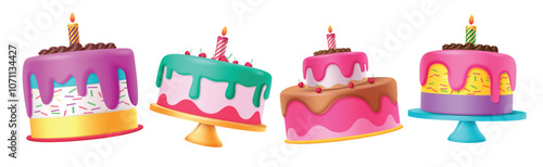 Cake birthday 3d vector set design. Birthday cake with candle in colorful icing and sprinkles decoration elements for party dessert clip art collection. Vector illustration cupcake graphic elements. 
