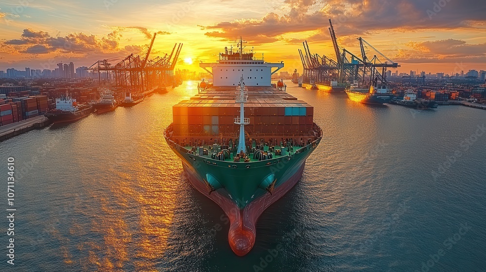 Fototapeta premium Sunset Over Industrial Harbor with Docked Ship