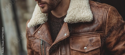 Luxury aviator jacket in rich tan leather, shearling collar, distressed finish, high-end rugged look, spotlight on texture and details photo