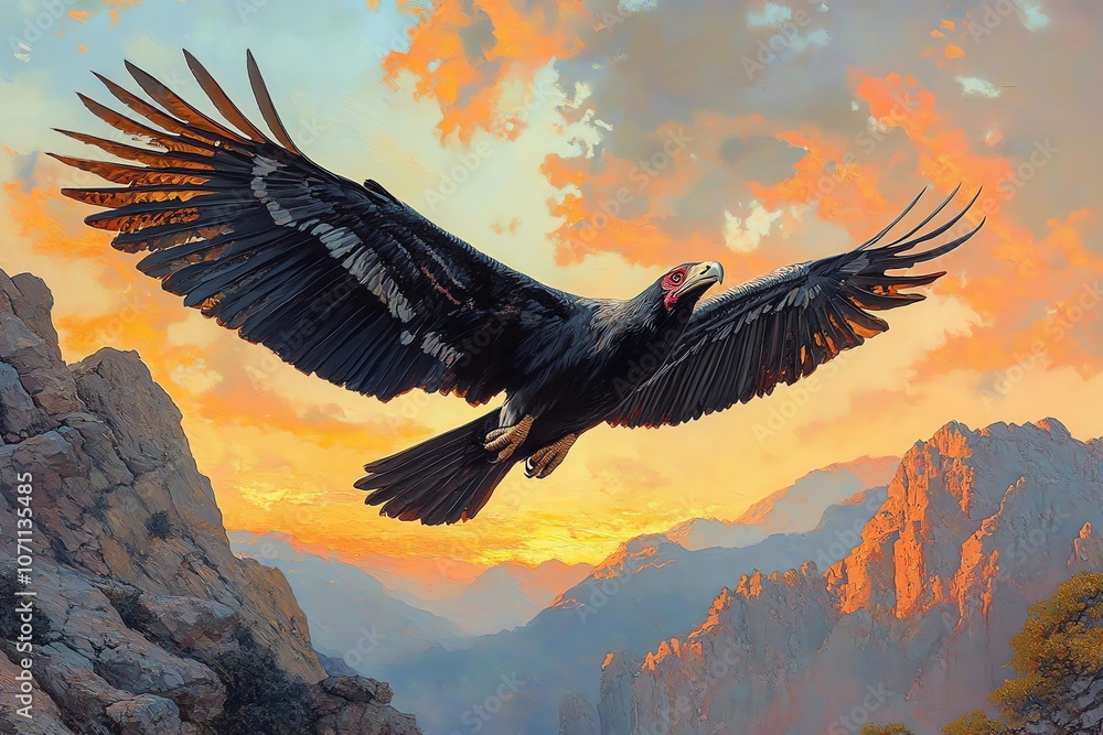 Obraz premium A majestic black vulture soars through the air against a breathtaking sunset backdrop of majestic mountains.