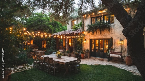 Charming Outdoor Patio with Warm String Lights